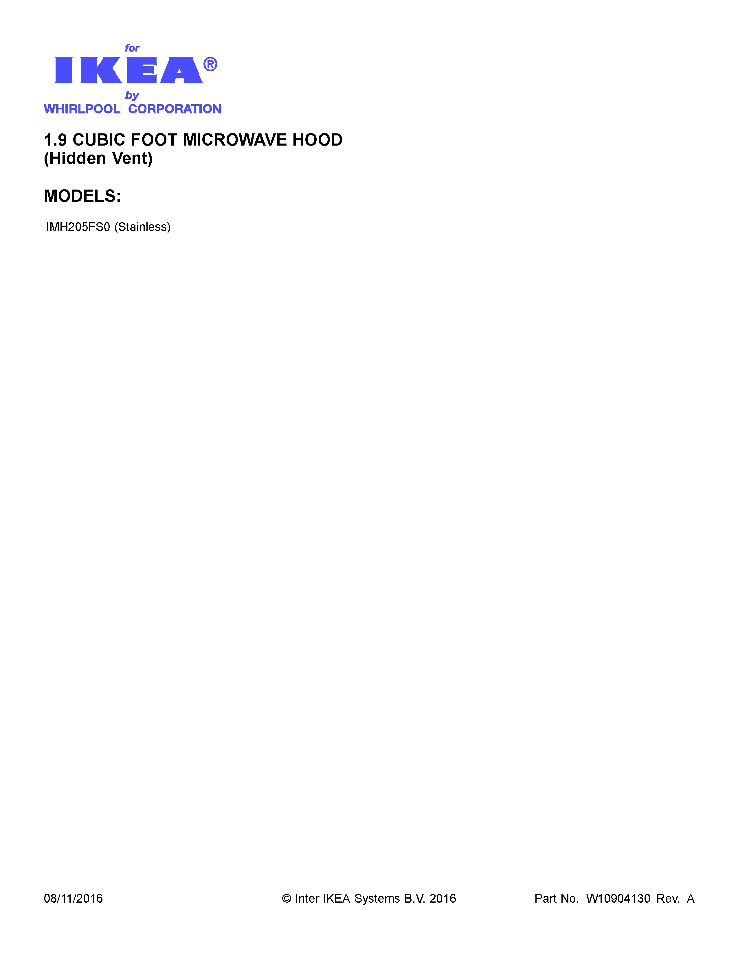 Cover Sheet Diagram and Parts List for IMH205FS0  Whirlpool Microwave
