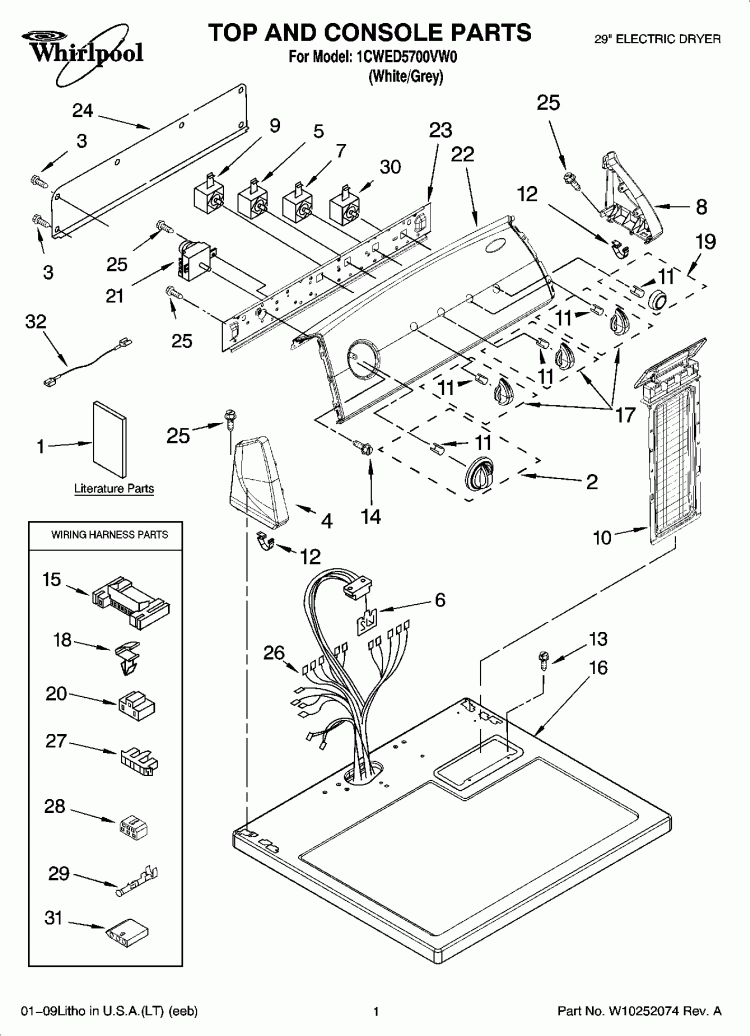 TOP AND CONSOLE PARTS Diagram and Parts List for 1CWED5700VW0  Whirlpool Dryer
