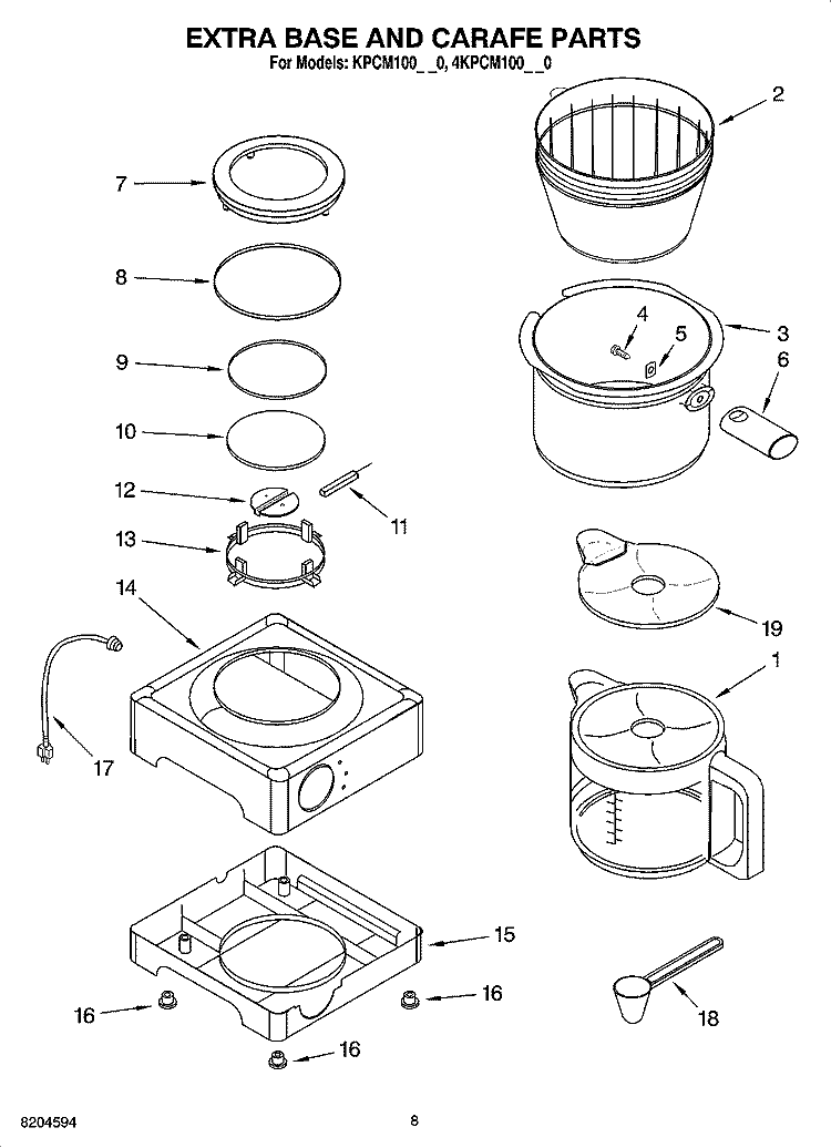 EXTRA BASE AND CARAFE PARTS Diagram and Parts List for KPCM100NP0  KitchenAid Coffee Maker