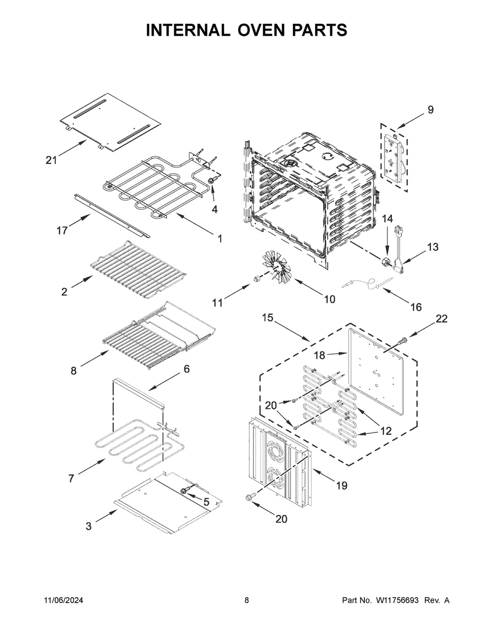 05 - Internal Oven Parts Diagram and Parts List for JMW3430LM04  Whirlpool Microwave Oven Combo