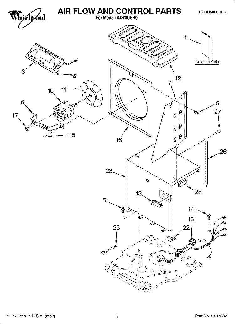 AIR FLOW AND CONTROL PARTS Diagram and Parts List for AD70USR0  Whirlpool Dehumidifier