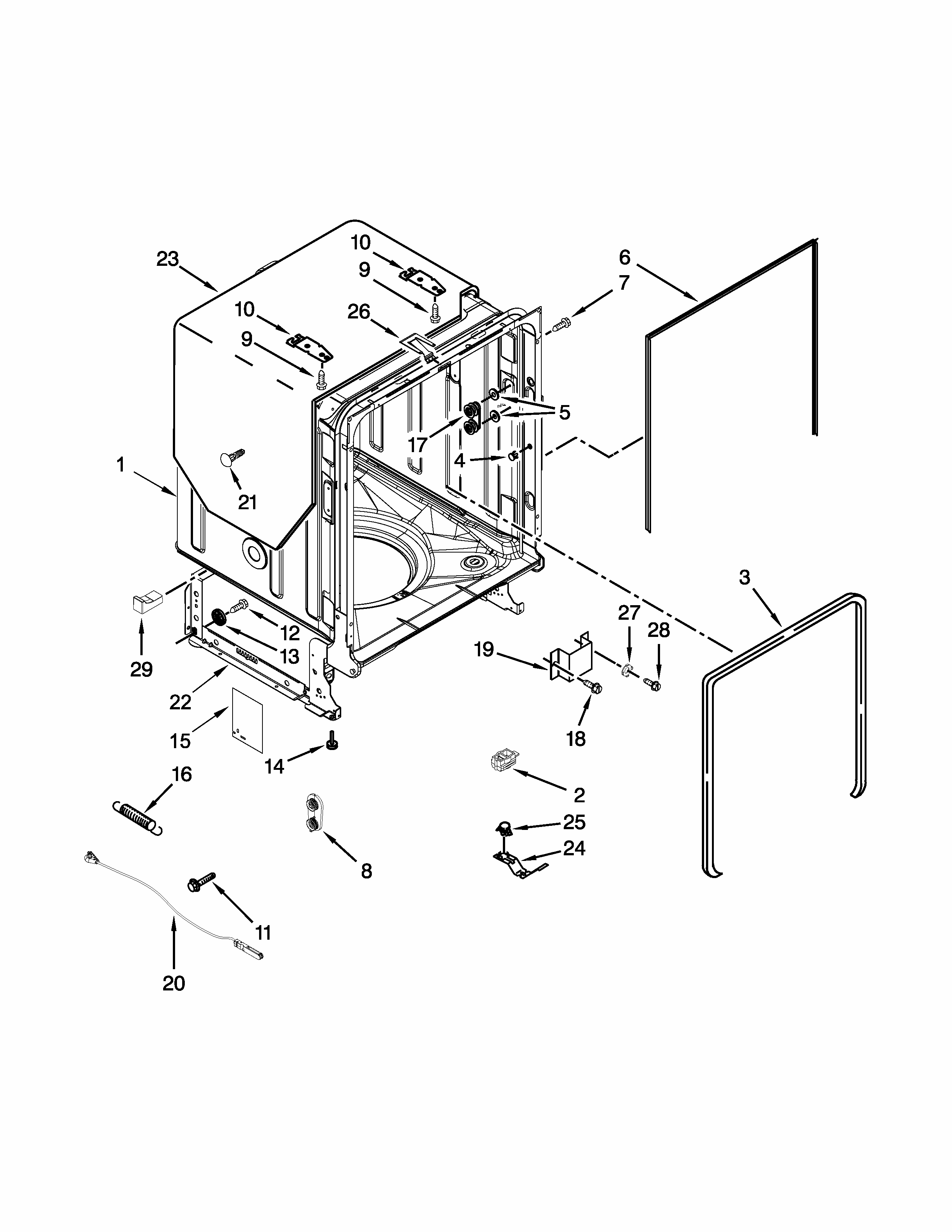Tub And Frame Parts Diagram and Parts List for IUD7555DS0  Whirlpool Dishwasher