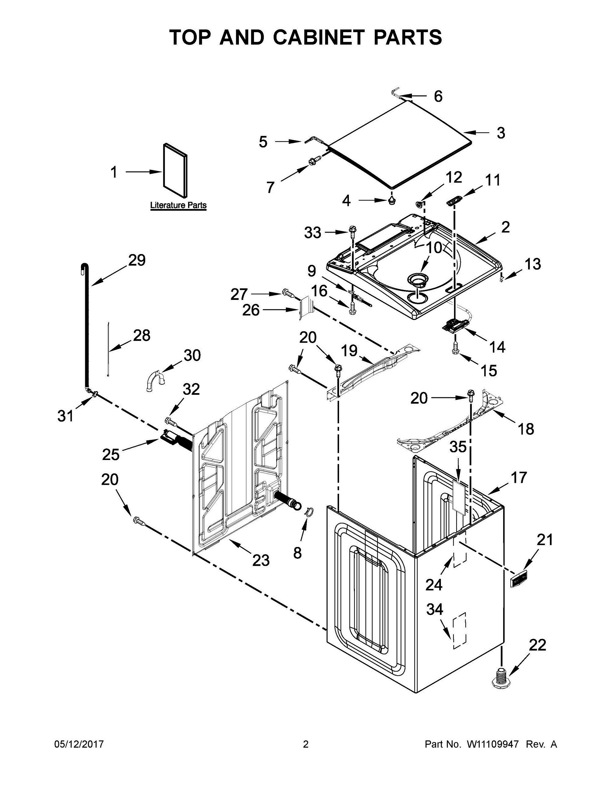 02 - TOP AND CABINET PARTS Diagram and Parts List for MVWB855DC2  Whirlpool Washer