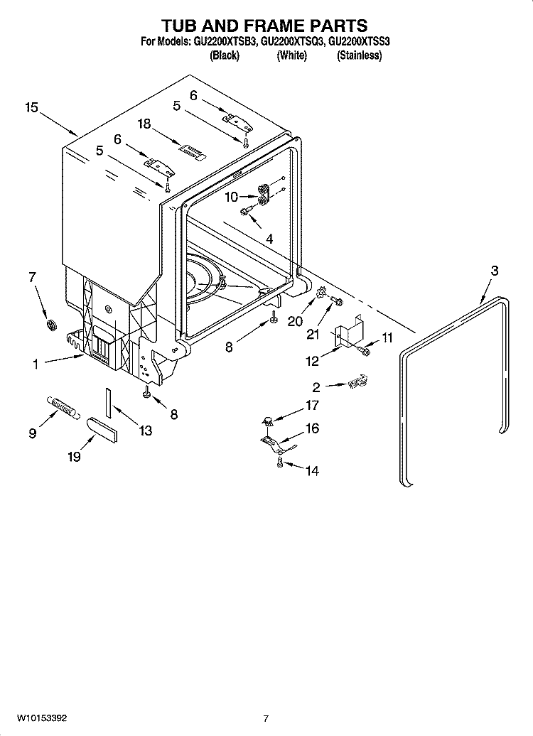 TUB AND FRAME PARTS Diagram and Parts List for GU2200XTSB3  Whirlpool Dishwasher