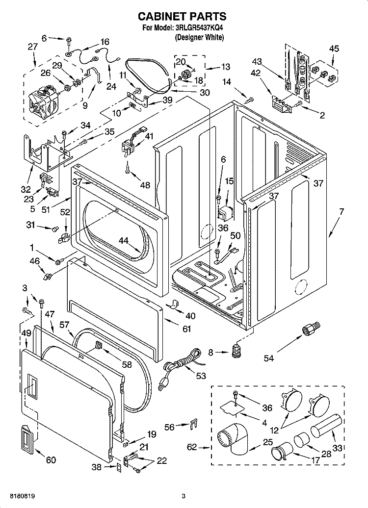 CABINET PARTS Diagram and Parts List for 3RLGR5437KQ4  Whirlpool Dryer