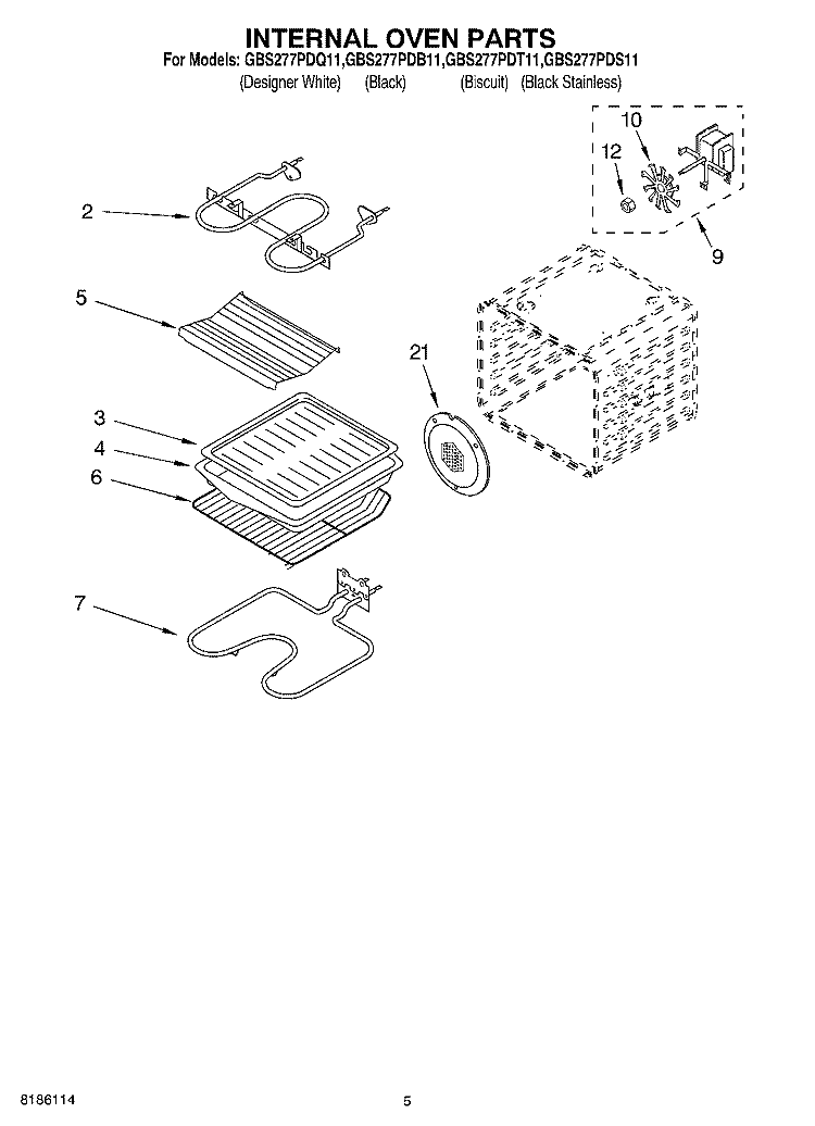 INTERNAL OVEN PARTS Diagram and Parts List for GBS277PDB11  Whirlpool Wall Oven