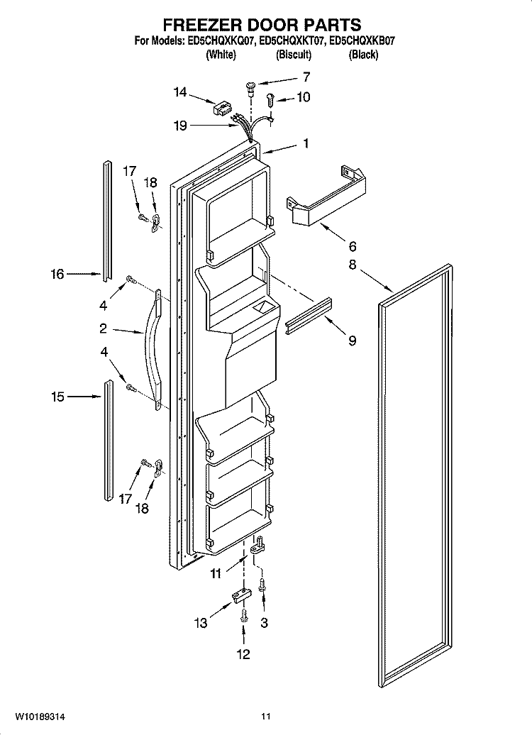 FREEZER DOOR PARTS Diagram and Parts List for ED5CHQXKT07  Whirlpool Refrigerator