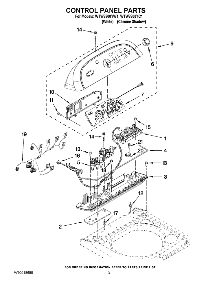 CONTROL PANEL PARTS Diagram and Parts List for WTW8800YW1  Whirlpool Washer