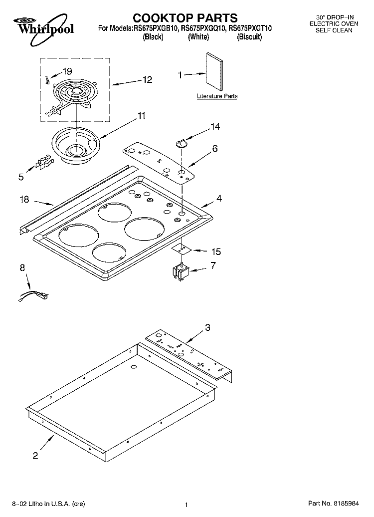 COOKTOP, LITERATURE Diagram and Parts List for RS675PXGB10  Whirlpool Range