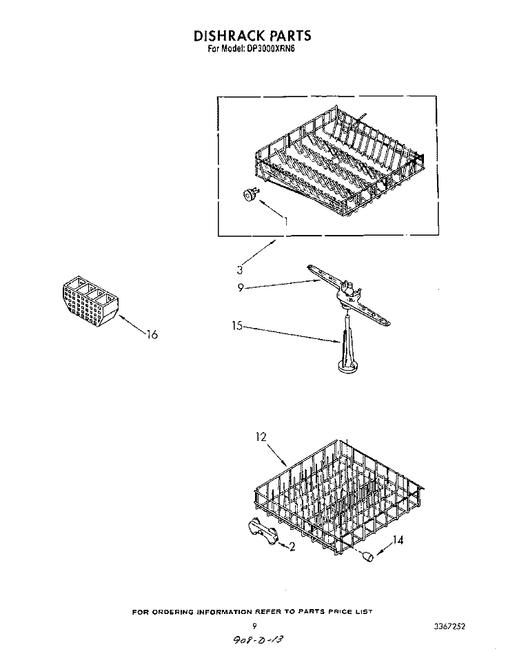 DISH RACK Diagram and Parts List for DP3000XRN6  Whirlpool Dishwasher