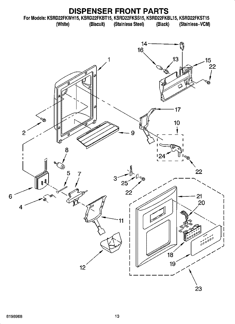 DISPENSER FRONT PARTS Diagram and Parts List for KSRD22FKBL15  KitchenAid Refrigerator