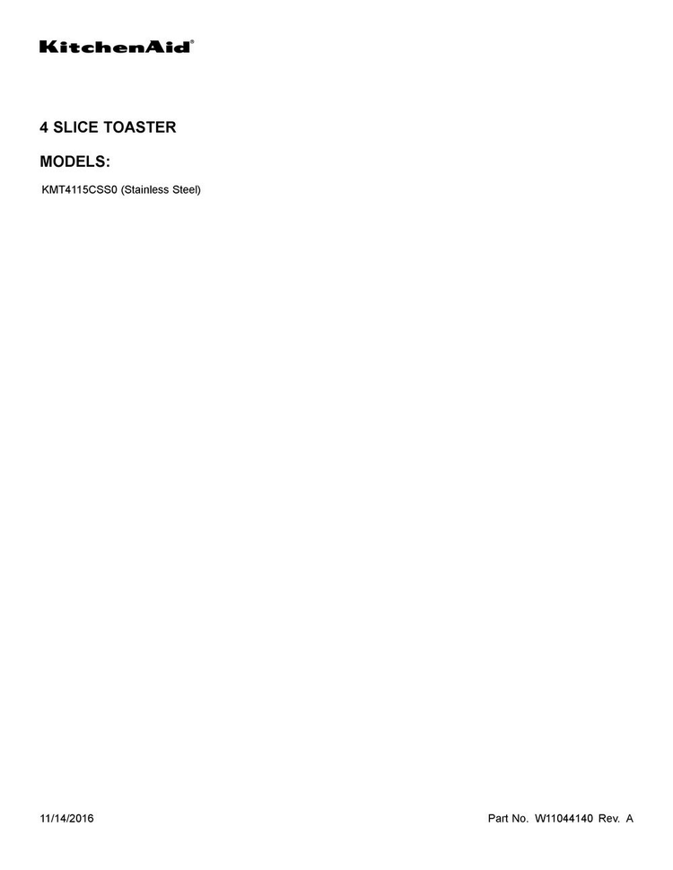 Cover Sheet Diagram and Parts List for KMT4115CSS0  KitchenAid Toaster
