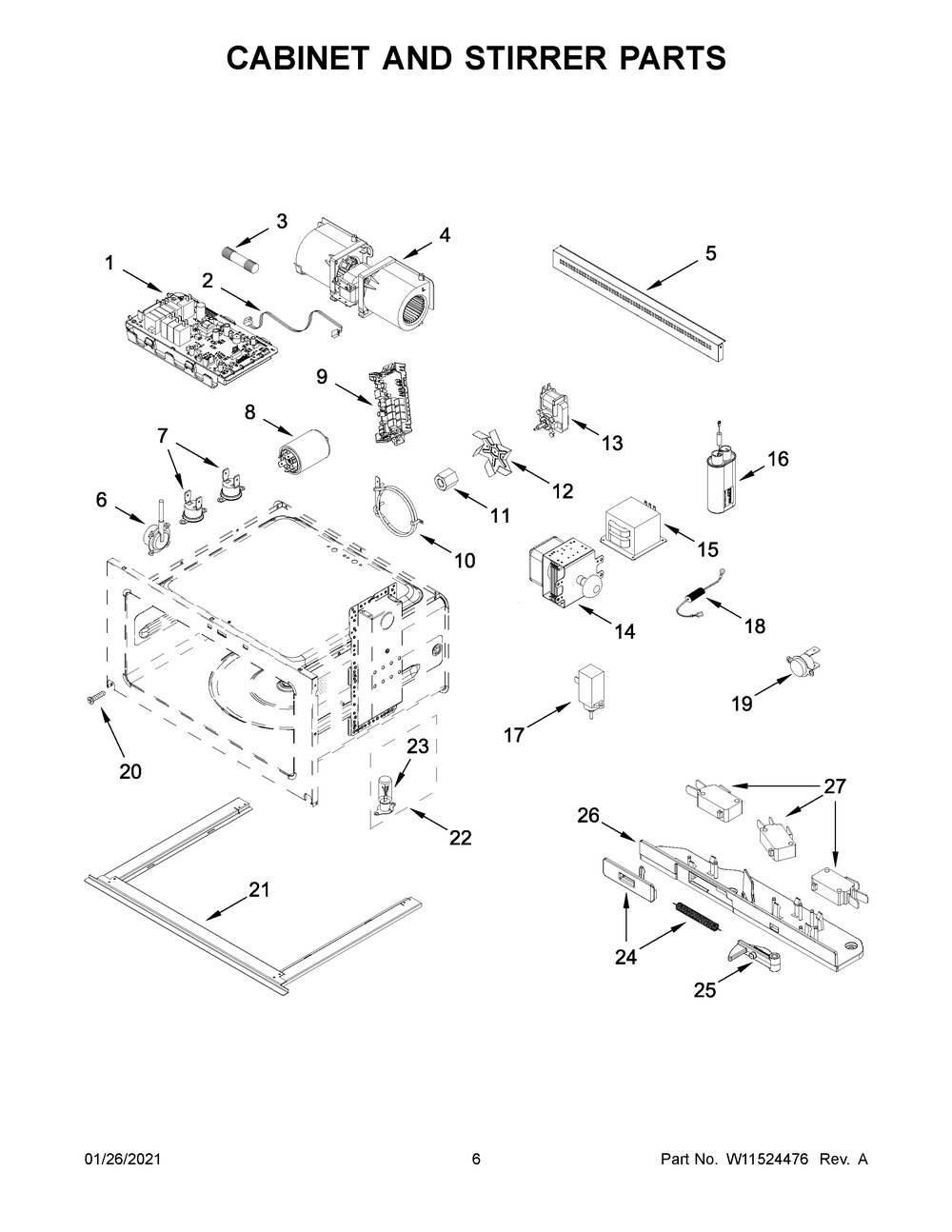 Cabinet And Stirrer Parts Diagram and Parts List for JMC6224HL0  Whirlpool Microwave