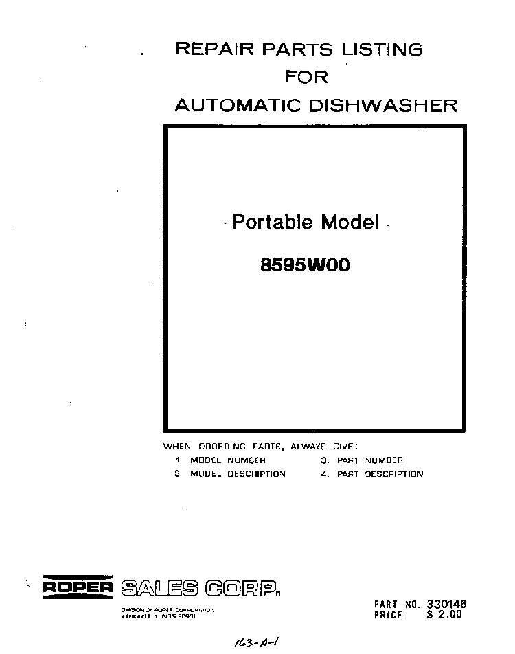 Front Cover Diagram and Parts List for 8595*00  Roper Dishwasher
