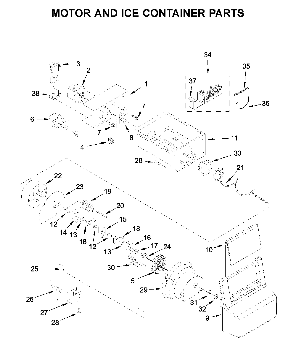 Motor and ice container parts Diagram and Parts List for WRS321SDHB04  Whirlpool Refrigerator