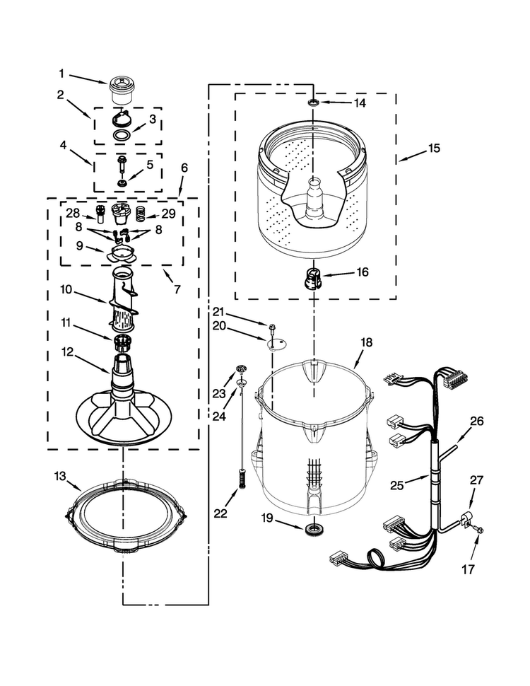 Basket And Tub Parts Diagram and Parts List for 7MWTW1905DW0  Whirlpool Washer
