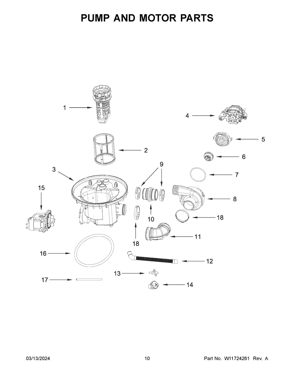 Pump And Motor Parts Diagram and Parts List for WDPS5118PB0  Whirlpool Dishwasher