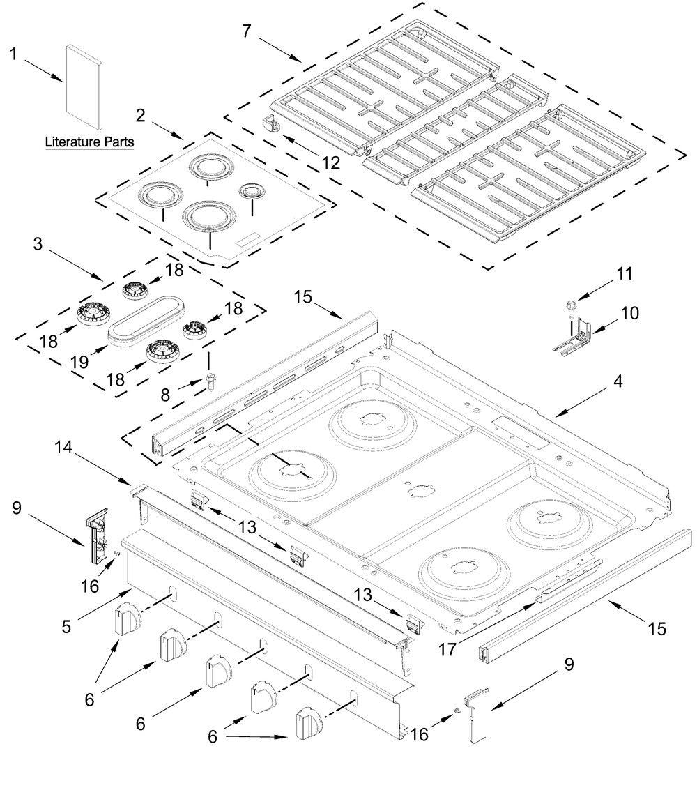 Cooktop Parts Diagram and Parts List for WFGS5030RB0,WFGS5030RW0  Whirlpool Range