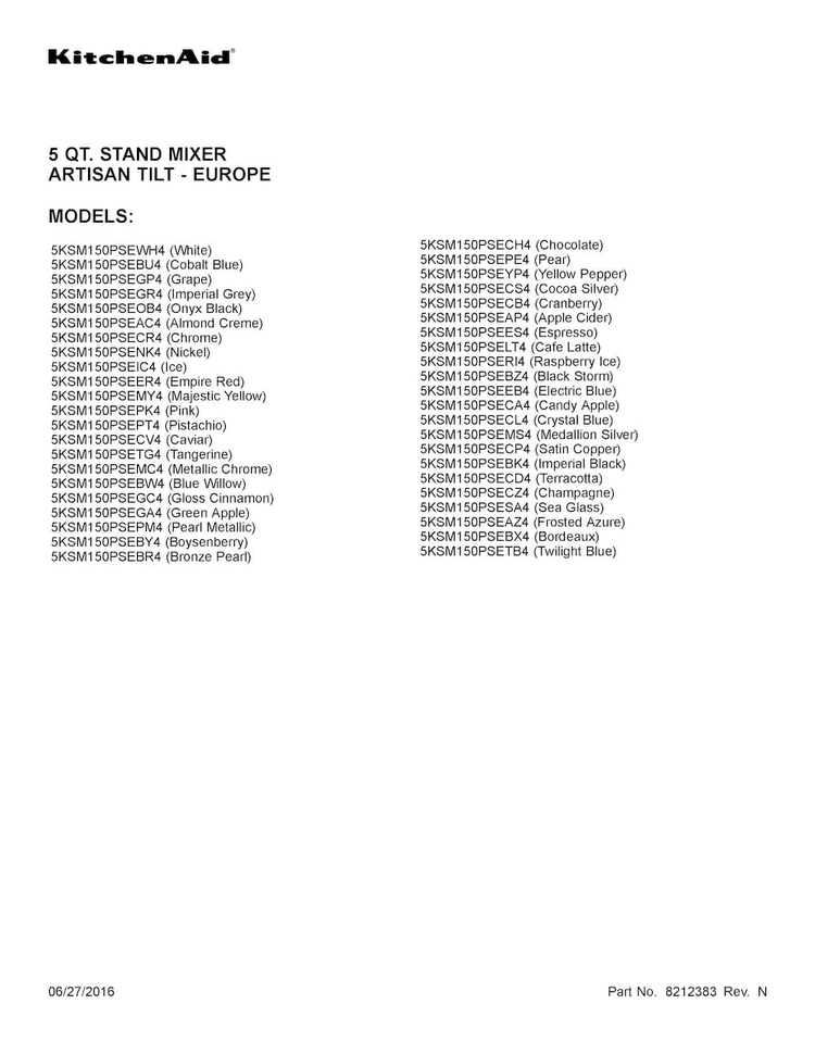Cover Sheet Diagram and Parts List for 5KSM150PSEAZ4  KitchenAid Mixer