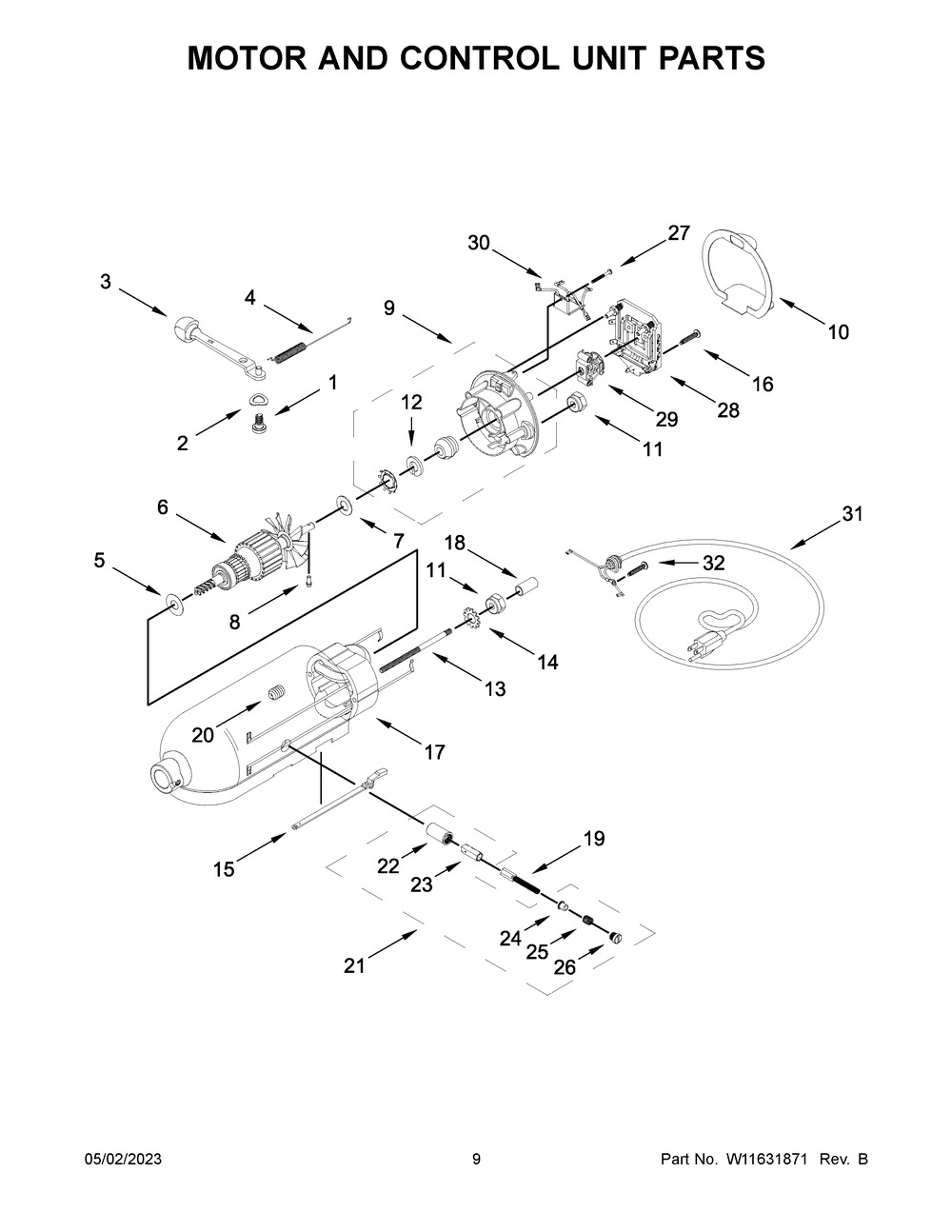 Motor And Control Unit Parts Diagram and Parts List for 5KSM193ADBWH0  KitchenAid Mixer