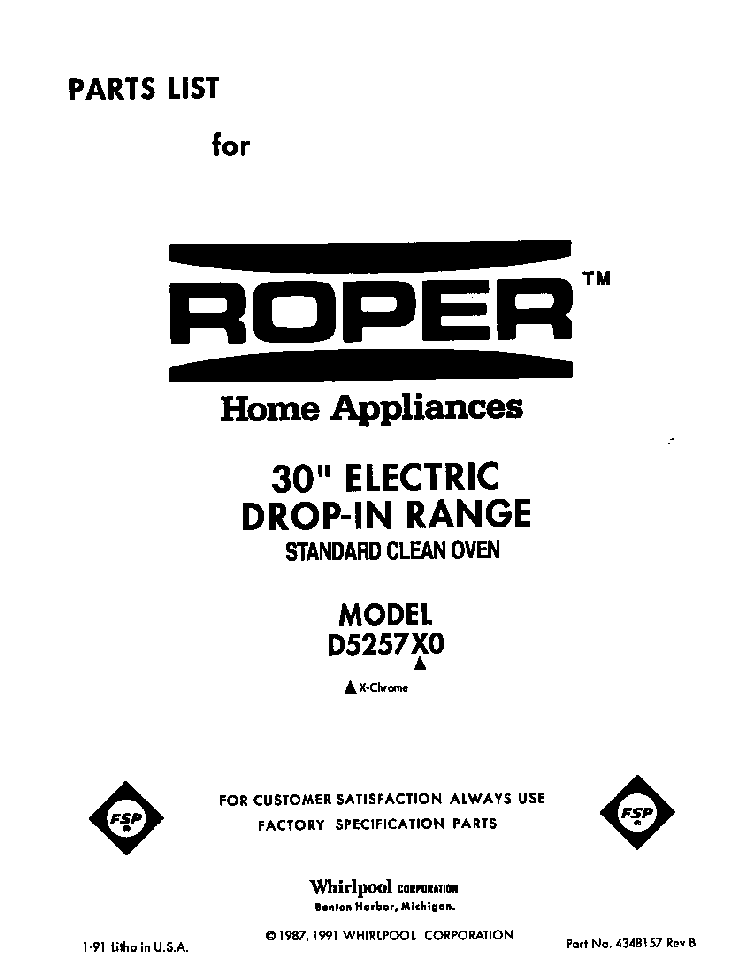 Front Cover Diagram and Parts List for D5257X0  Roper Range