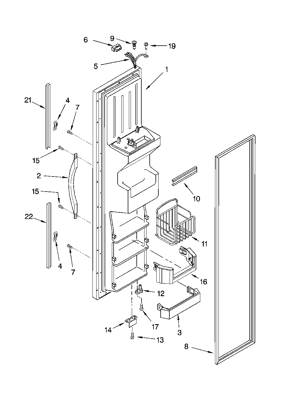 Freezer door parts Diagram and Parts List for ED5SHAXMT10  Whirlpool Refrigerator