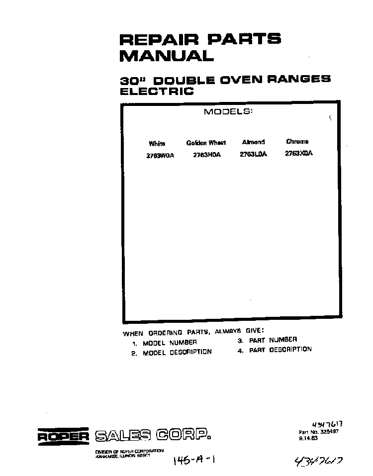 Cover Page Diagram and Parts List for 2763*0A  Roper Range