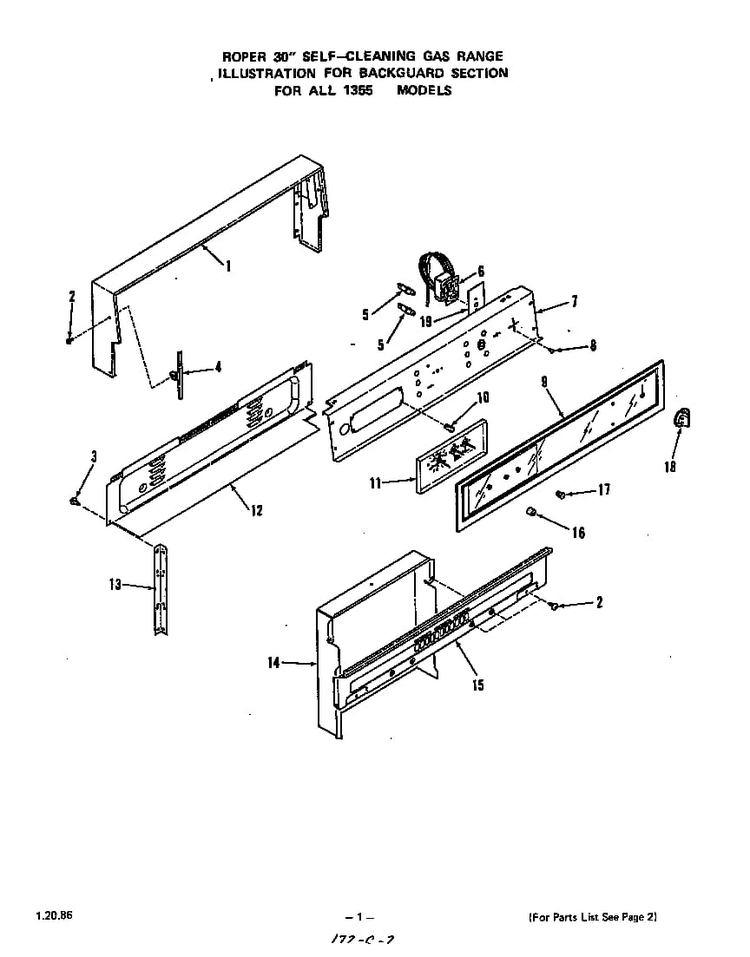 Backguard Diagram and Parts List for 1355*0A  Roper Range