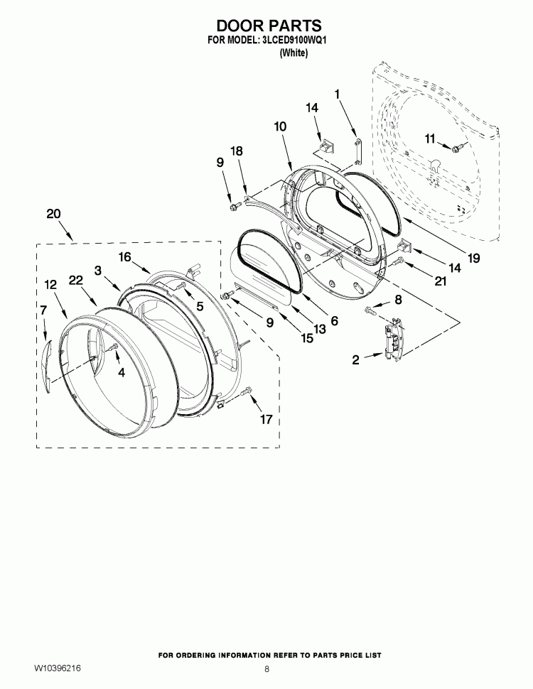 DOOR PARTS Diagram and Parts List for 3LCED9100WQ1  Whirlpool Dryer