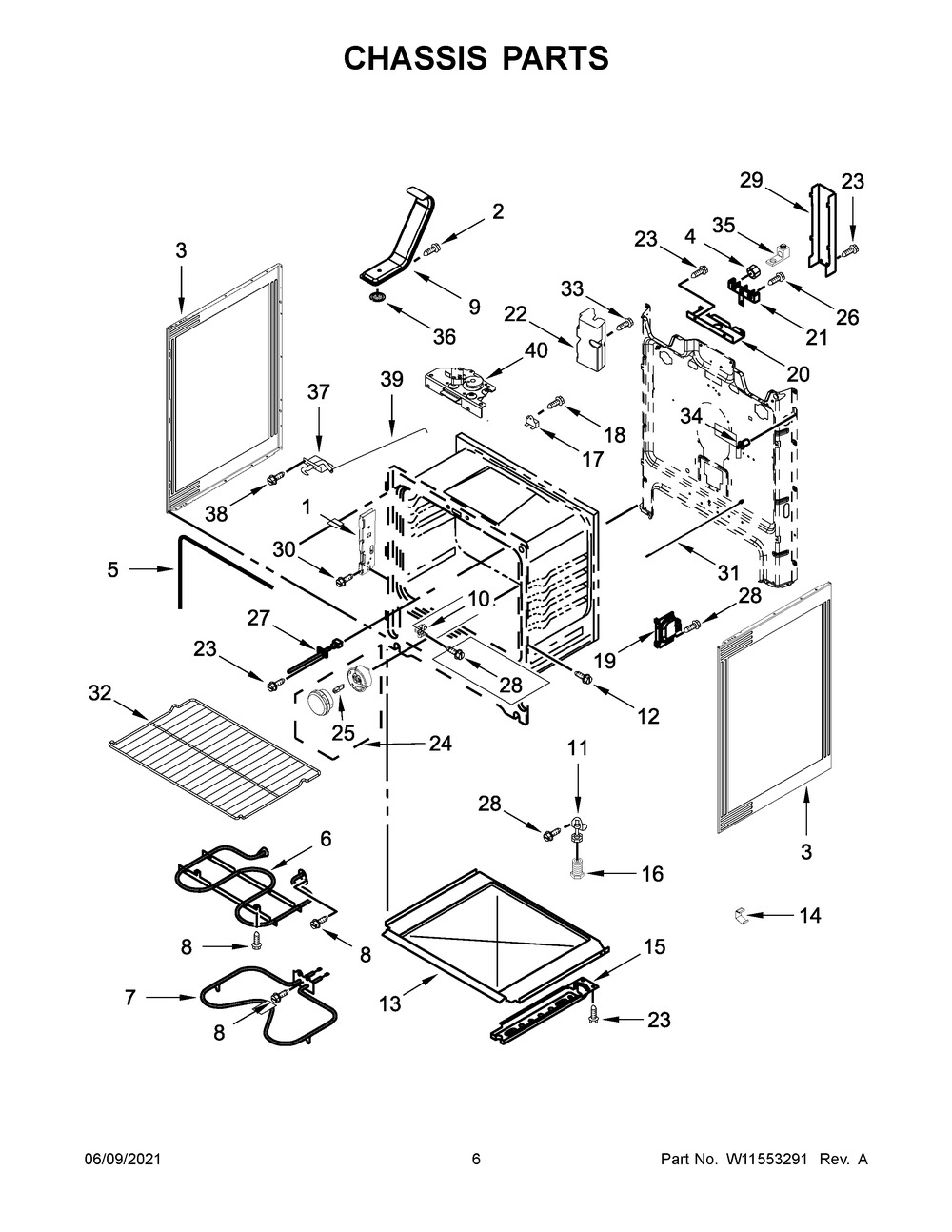 Chassis Parts Diagram and Parts List for WFE525S0JB1  Whirlpool Range