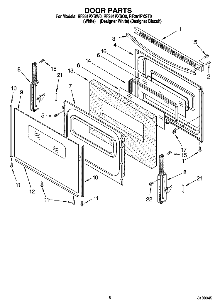 DOOR PARTS, OPTIONAL PARTS (NOT INCLUDED) Diagram and Parts List for RF261PXST0  Whirlpool Range