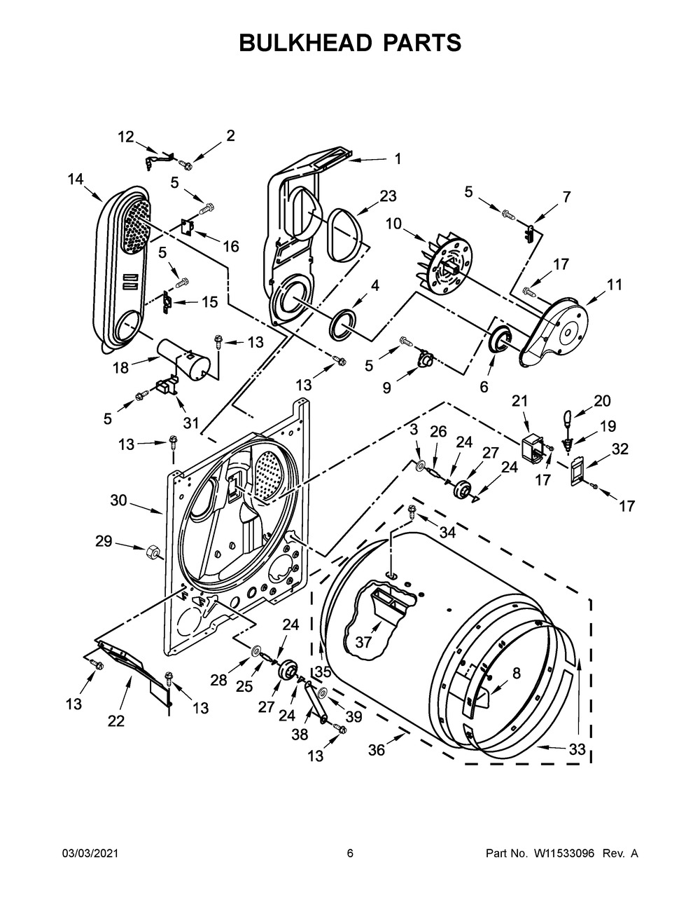 Bulkhead Parts Diagram and Parts List for WGD4616FW2  Whirlpool Dryer