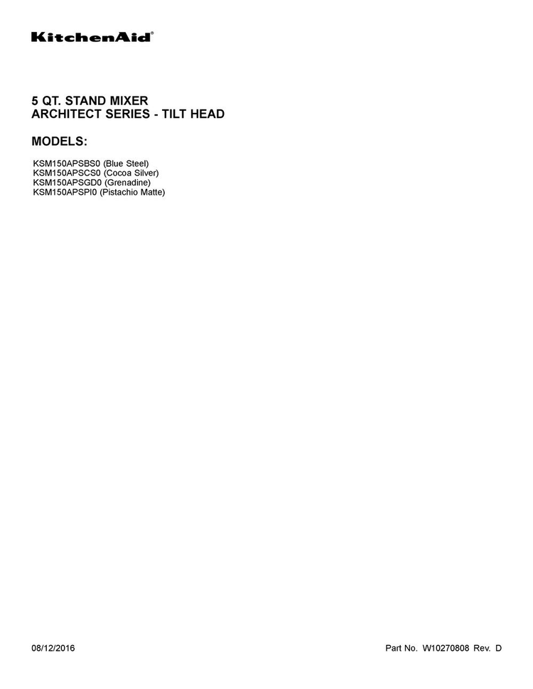 Cover Sheet Diagram and Parts List for KSM150APSPI0  KitchenAid Mixer