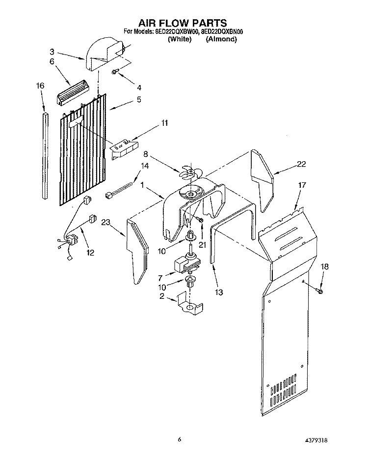 AIR FLOW Diagram and Parts List for 8ED22DQXBN00  Whirlpool Refrigerator