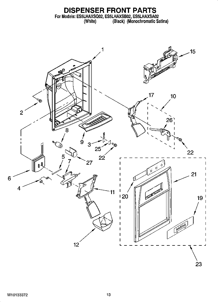 DISPENSER FRONT PARTS Diagram and Parts List for ES5LHAXSA02  Whirlpool Refrigerator