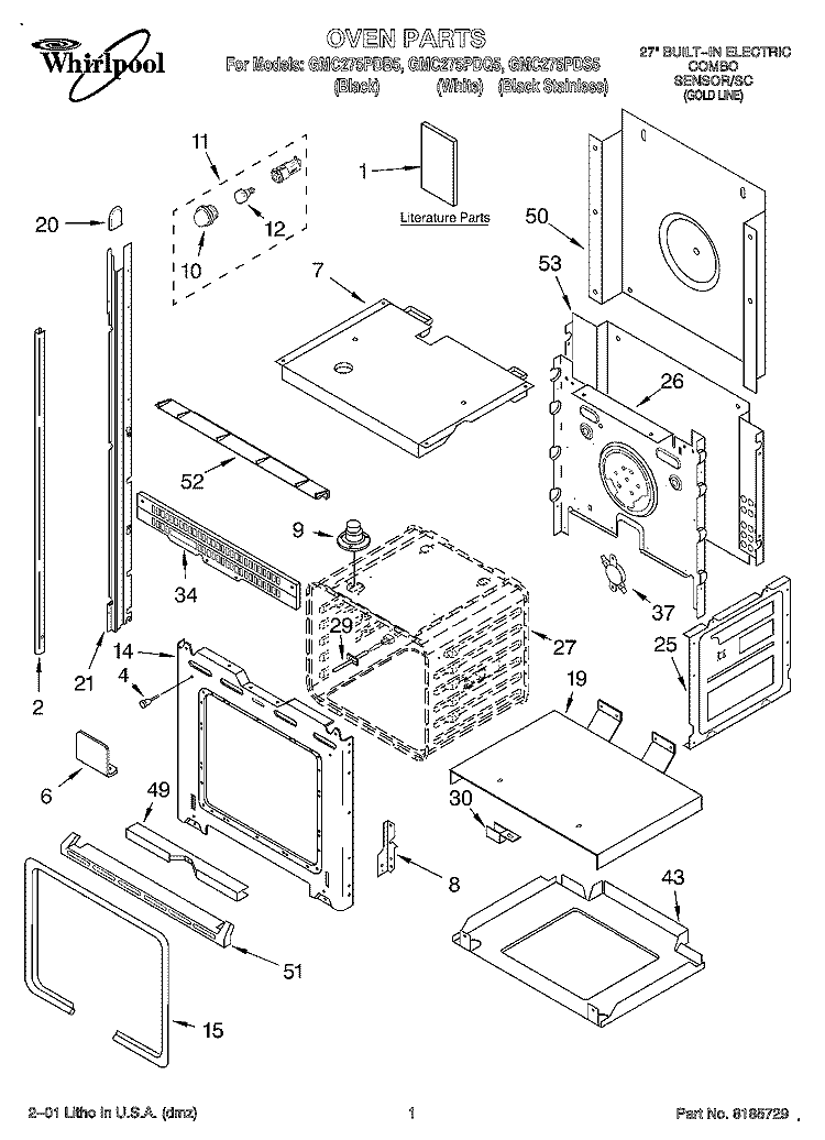 OVEN, LITERATURE Diagram and Parts List for GMC275PDQ5  Whirlpool Microwave Oven Combo