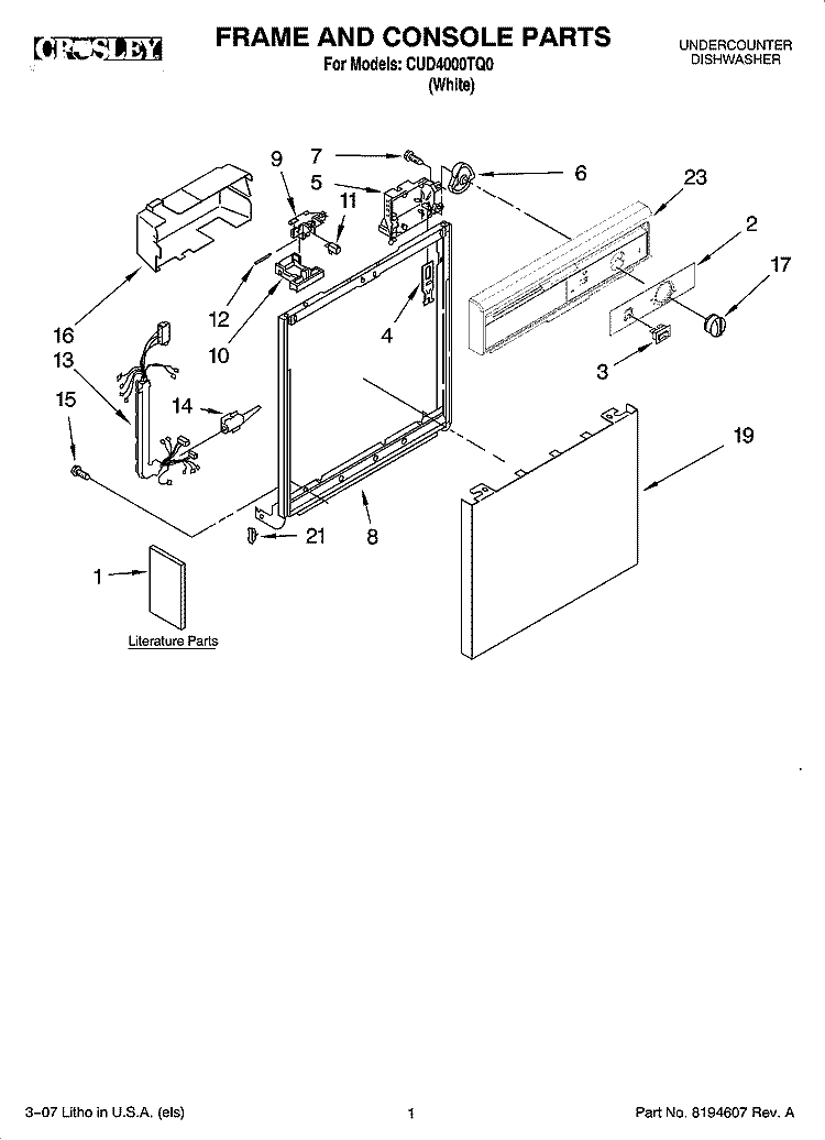 FRAME AND CONSOLE PARTS Diagram and Parts List for CUD4000TQ0  Crosley Dishwasher