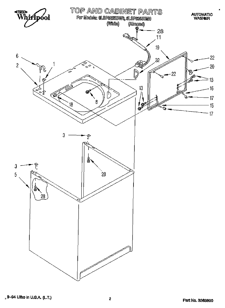 TOP AND CABINET, LIT/OPTIONAL Diagram and Parts List for 6LSP8255BW0  Whirlpool Washer
