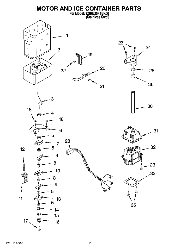 MOTOR AND ICE CONTAINER PARTS Diagram and Parts List for KSRB25FTBX00  KitchenAid Refrigerator