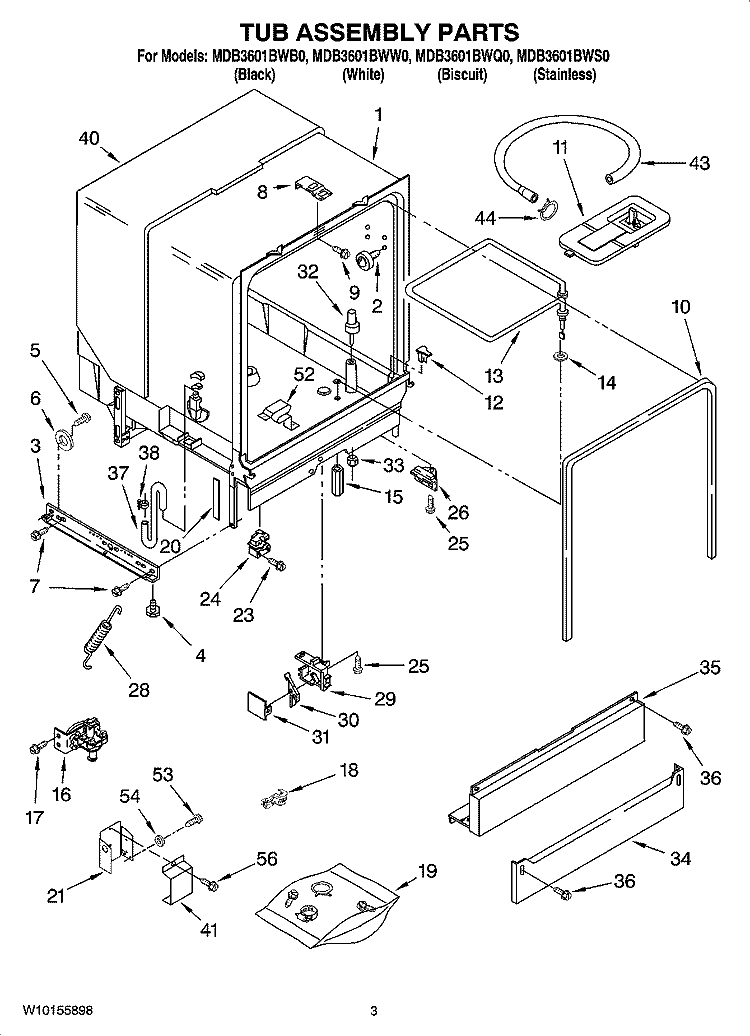 TUB ASSEMBLY PARTS Diagram and Parts List for MDB3601BWS0  Whirlpool Dishwasher