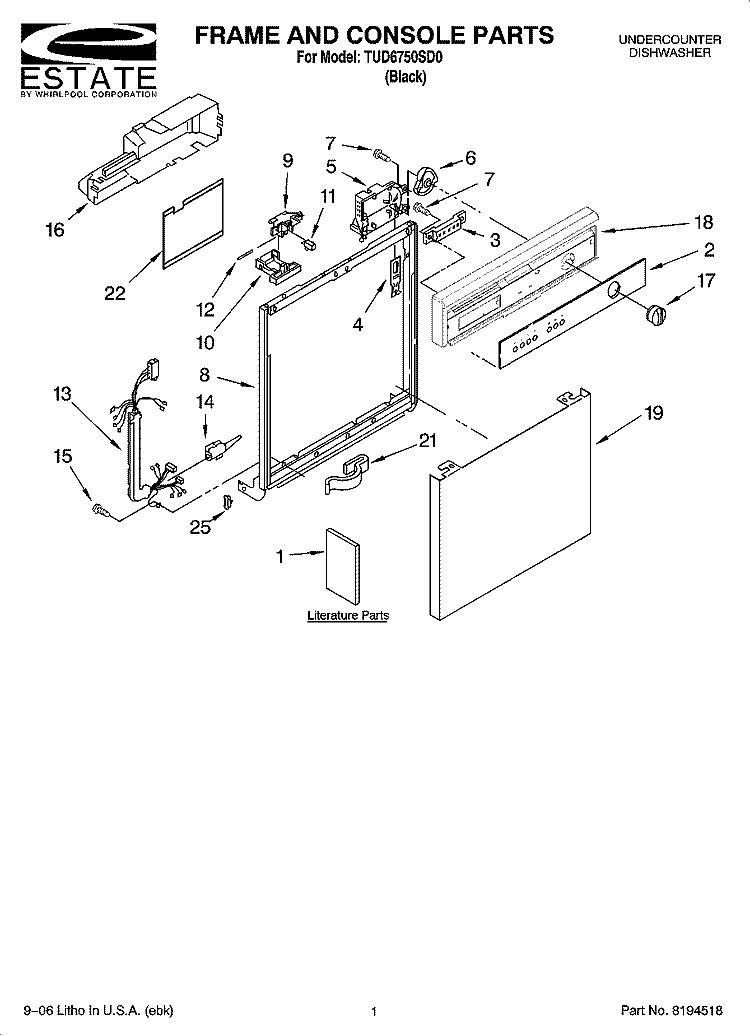 FRAME AND CONSOLE PARTS Diagram and Parts List for TUD6750SD0  Estate Dishwasher