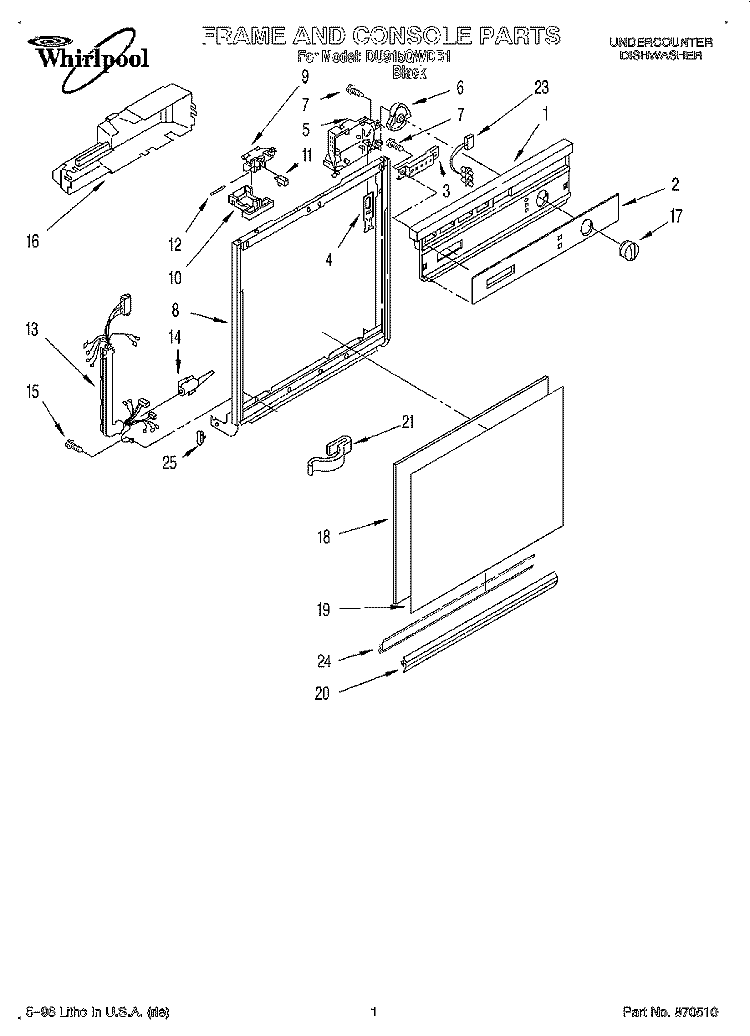 FRAME AND CONSOLE Diagram and Parts List for DU915QWDB1  Whirlpool Dishwasher