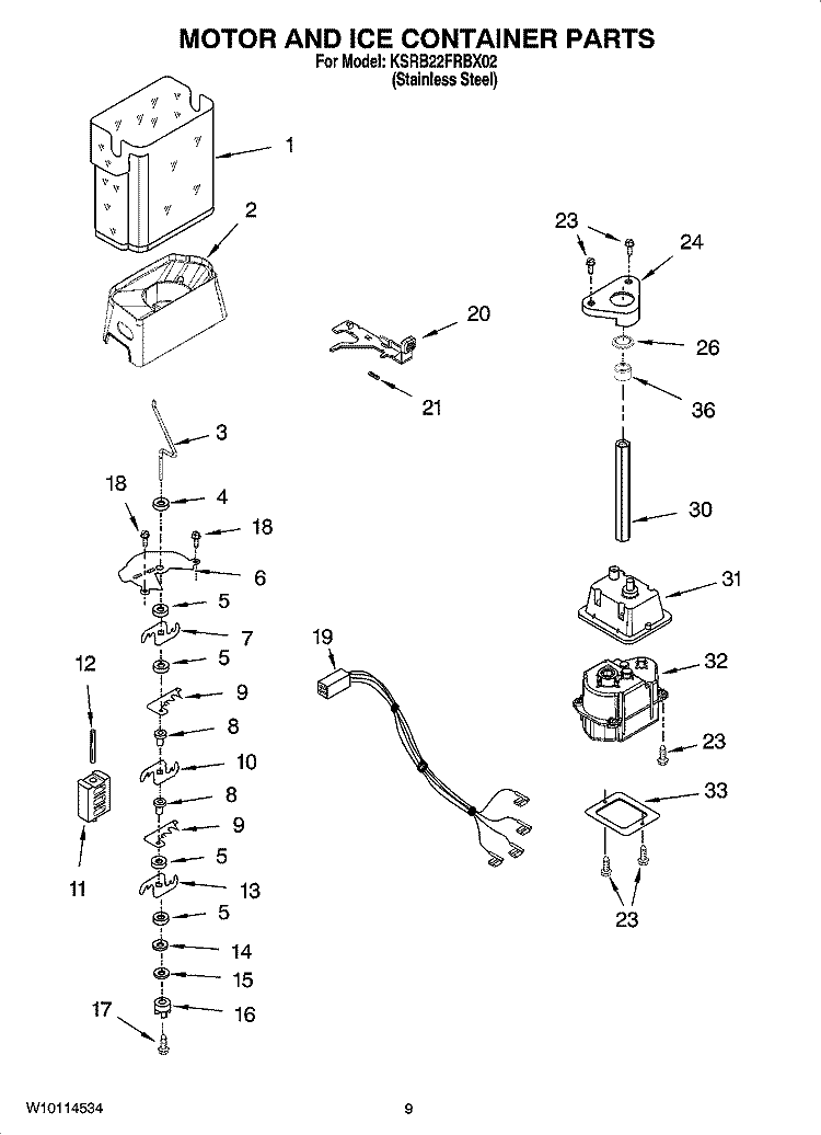 MOTOR AND ICE CONTAINER PARTS Diagram and Parts List for KSRB22FRBX02  KitchenAid Refrigerator