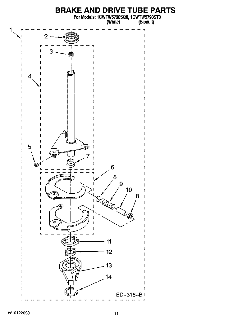 BRAKE AND DRIVE TUBE PARTS Diagram and Parts List for 1CWTW5790SQ0  Whirlpool Washer