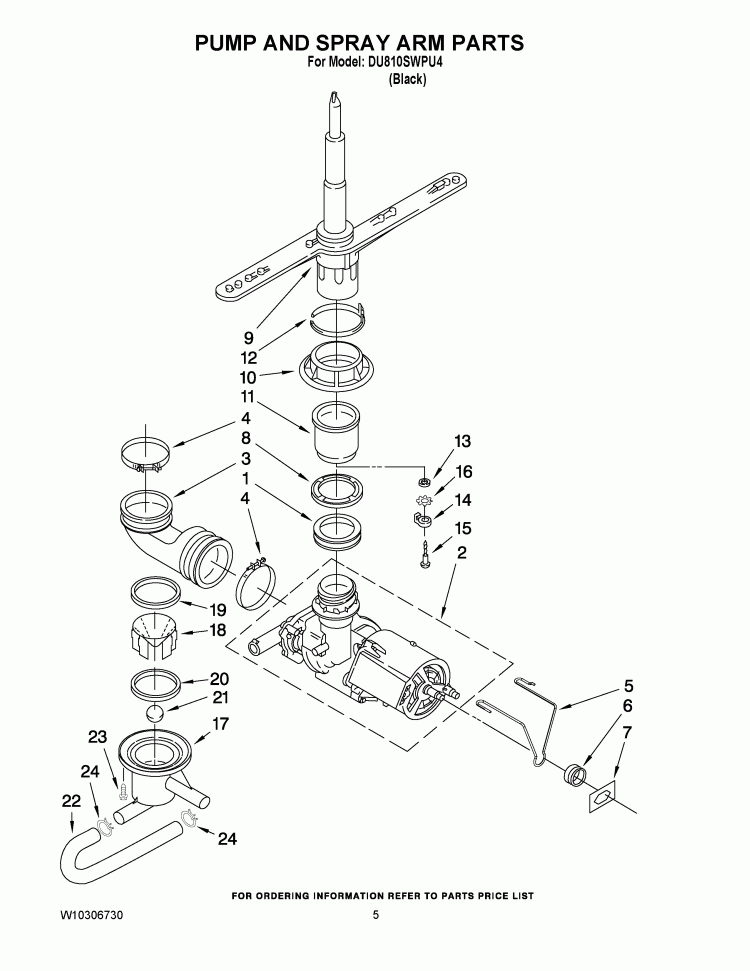PUMP AND SPRAY ARM PARTS Diagram and Parts List for DU810SWPU4  Whirlpool Dishwasher