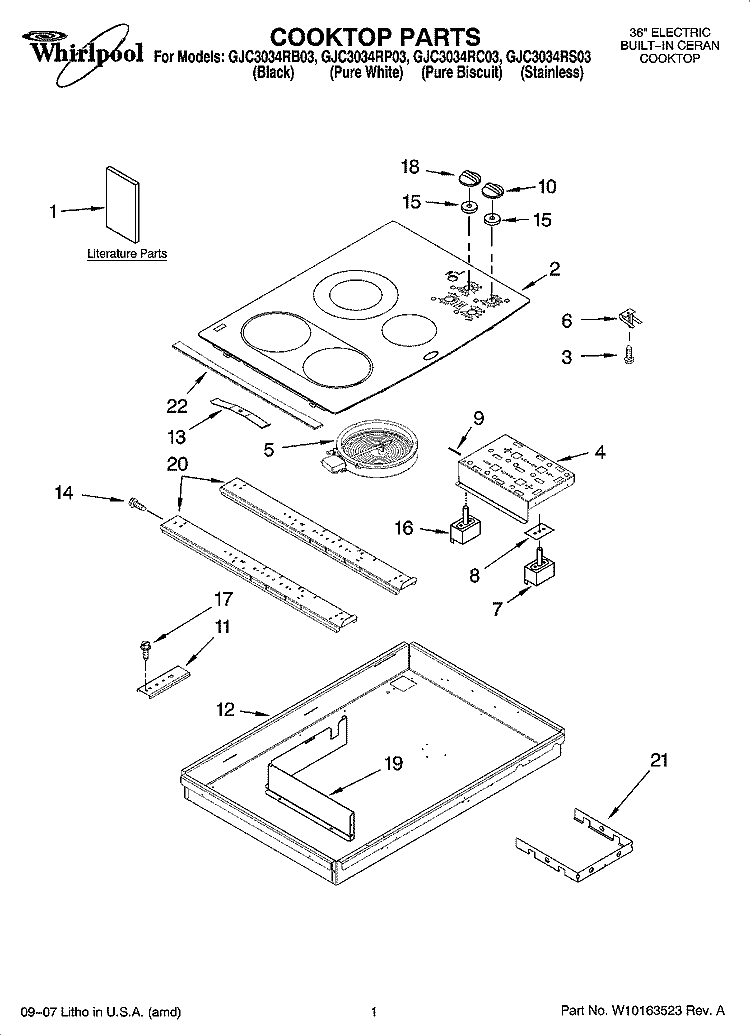 COOKTOP PARTS, OPTIONAL PARTS Diagram and Parts List for GJC3034RC03  Whirlpool Cooktop