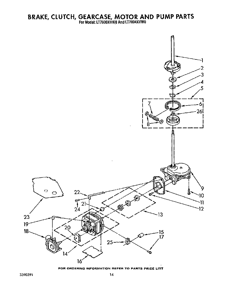 BRAKE, CLUTCH, GEARCASE, MOTOR AND PUMP Diagram and Parts List for LT7000XVW0  Whirlpool Washer Dryer Combo