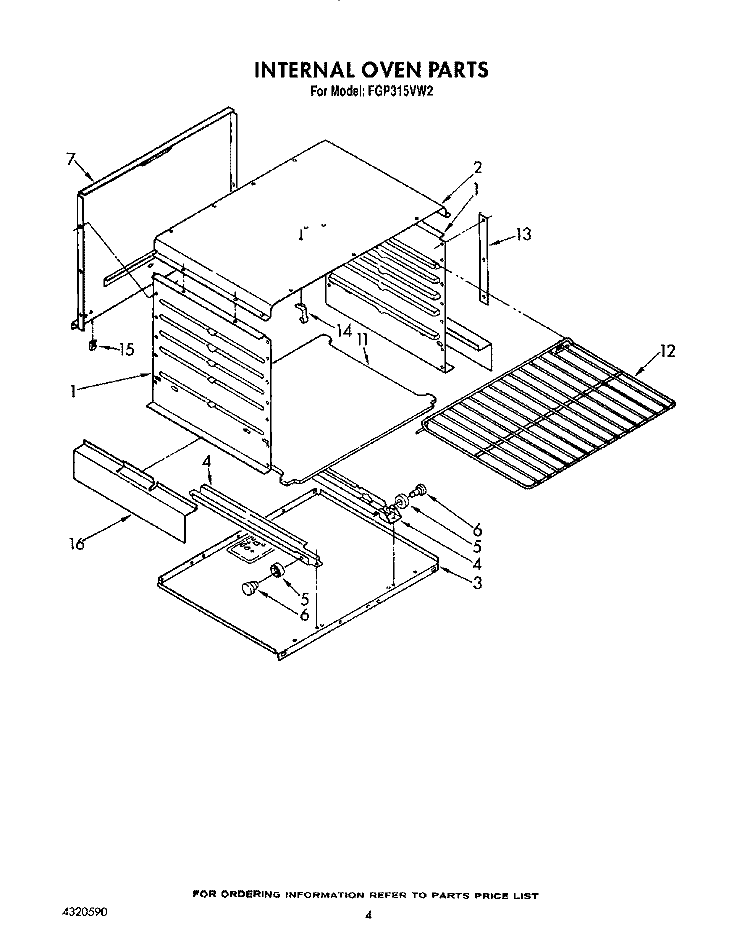 INTERNAL OVEN Diagram and Parts List for FGP315VW2  Roper Range