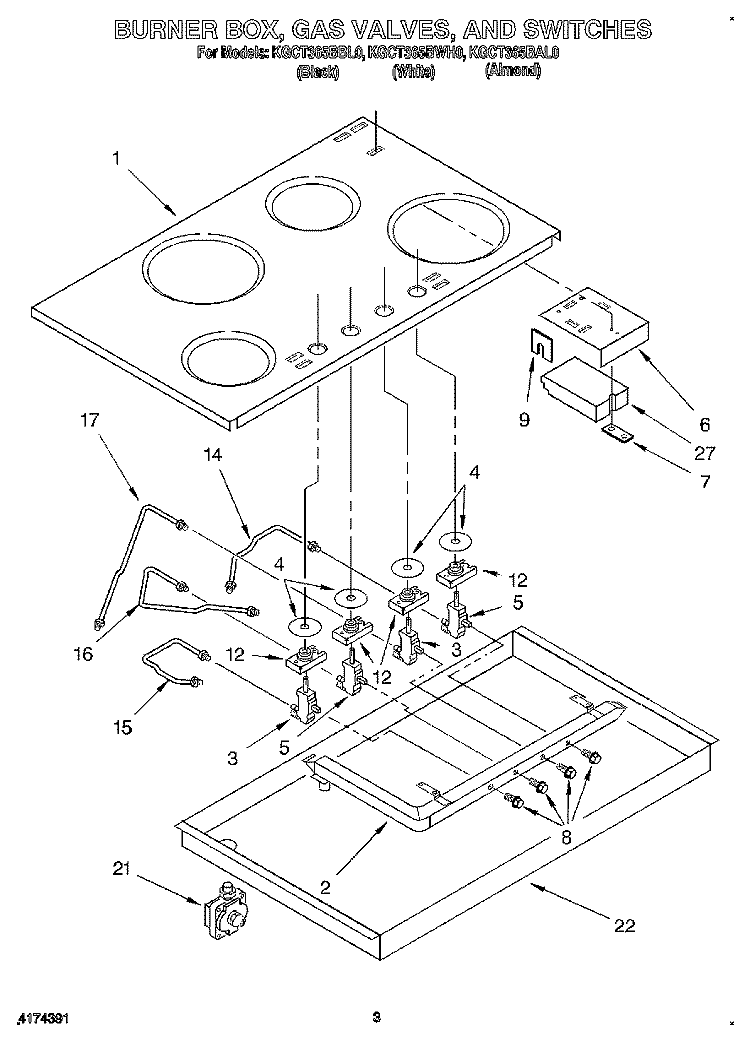 BURNER BOX, GAS VALVES, AND SWITCHES Diagram and Parts List for KGCT365BBL0  KitchenAid Cooktop
