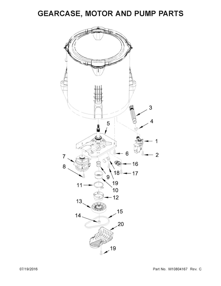 Gearcase, Motor And Pump Parts Diagram and Parts List for ITW4971EW0  Inglis Washer